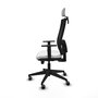 Silla de oficina Horna con mecanismo Sincro/Traslack tapizada con Tela color Blanco y malla color Negro. Equipada con lumbar 1D, Brazos 1D, Cabecero 2D y Ruedas 65 mm parqué