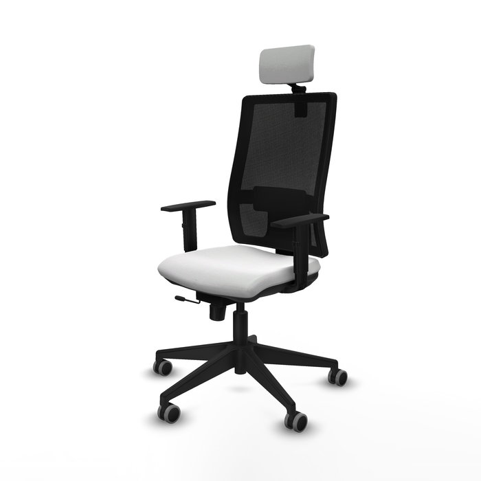 Silla de oficina Horna con mecanismo Sincro/Traslack tapizada con Tela color Blanco y malla color Negro. Equipada con lumbar 1D, Brazos 1D, Cabecero 2D y Ruedas 65 mm parqué