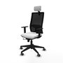 Silla de oficina Horna con mecanismo Sincro/Traslack tapizada con Tela color Blanco y malla color Negro. Equipada con lumbar 1D, Brazos 1D, Cabecero 2D y Ruedas 65 mm parqué