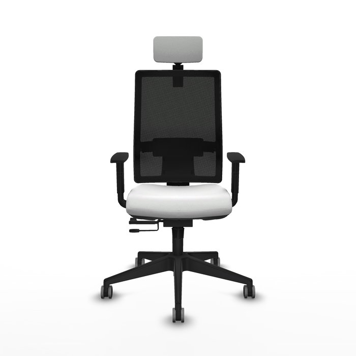 Silla de oficina Horna con mecanismo Sincro/Traslack tapizada con Tela color Blanco y malla color Negro. Equipada con lumbar 1D, Brazos 1D, Cabecero 2D y Ruedas 65 mm parqué