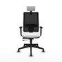 Silla de oficina Horna con mecanismo Sincro/Traslack tapizada con Tela color Blanco y malla color Negro. Equipada con lumbar 1D, Brazos 1D, Cabecero 2D y Ruedas 65 mm parqué