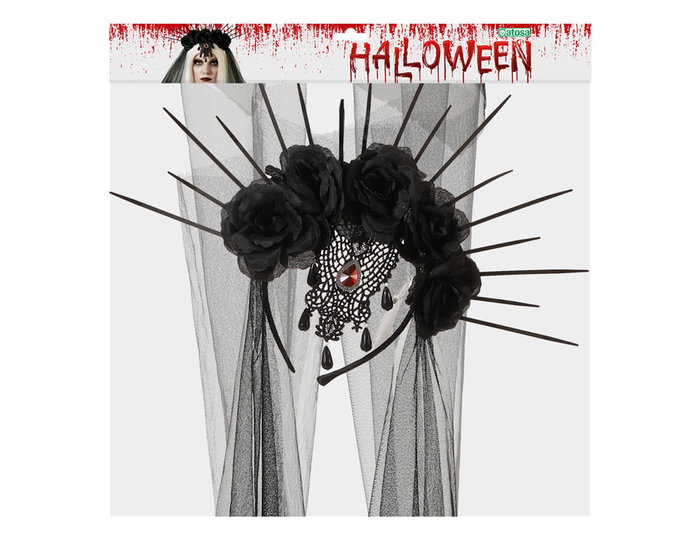 Corsage Negro Con Rosas Y Velo Para Catrina Y Día De Los Muertos