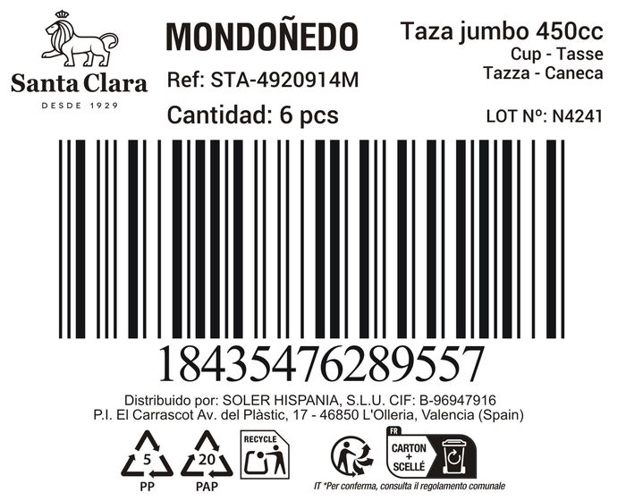 Inde Mondofiedo Taza Jumbo 450 ml, Color Marrón, 11.7 cm de Diámetro x 7.7 cm de Altura (6 Unidades)