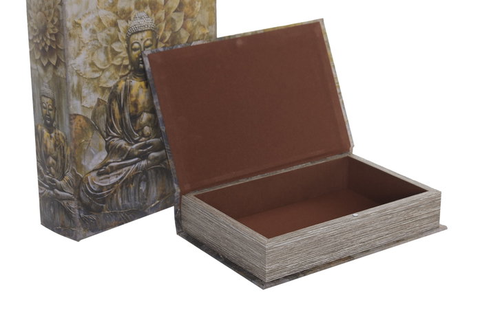 DKD Home Decor Set de 2 Cajas de Almacenaje Tipo Libro Buda Beige y Dorado