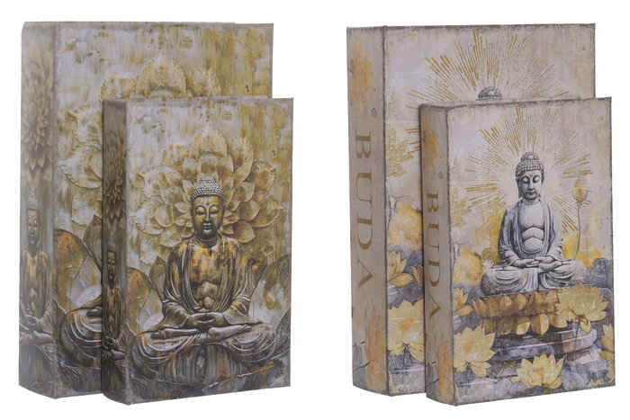 DKD Home Decor Set de 2 Cajas de Almacenaje Tipo Libro Buda Beige y Dorado