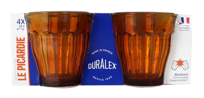 Duralex Set de 4 Vasos "Picardie" 25 cl / 0.25 L, Vidrio Templado Ámbar, Dimensiones 8.7 x 8.7 x 9 cm (12 Cajas)