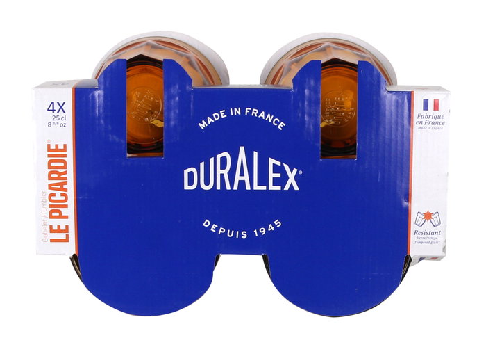 Duralex Set de 4 Vasos "Picardie" 25 cl / 0.25 L, Vidrio Templado Ámbar, Dimensiones 8.7 x 8.7 x 9 cm (12 Cajas)