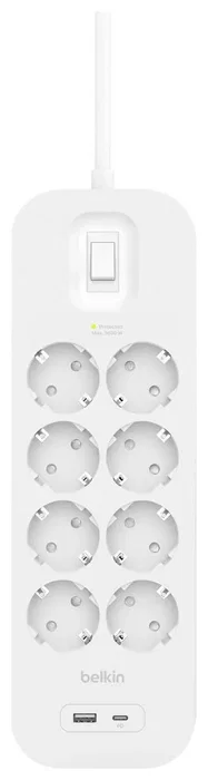 Belkin Surge Socket 8-fold con USB-A y USB-C, 900J, 2m Belkin Surge Socket 8-fold con USB-A y USB-C, 900J, 2m