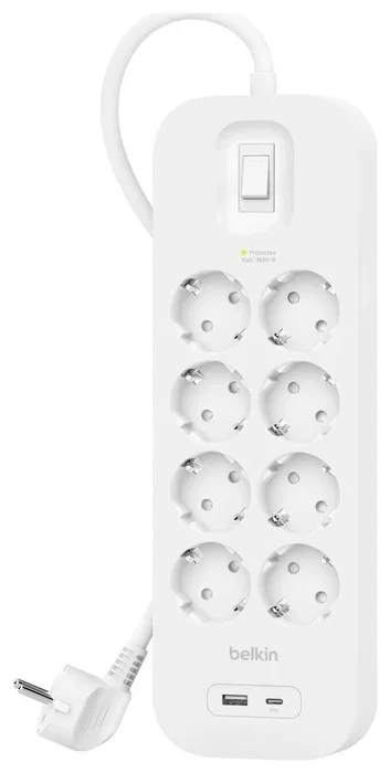 Belkin Surge Socket 8-fold con USB-A y USB-C, 900J, 2m Belkin Surge Socket 8-fold con USB-A y USB-C, 900J, 2m