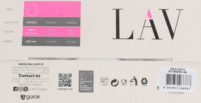 LAV Set 4 Vasos Gaia Bl.Lines 360 cc Colección Gaia Vidrio Resistente Ideal para Uso Diario (6 Cajas)