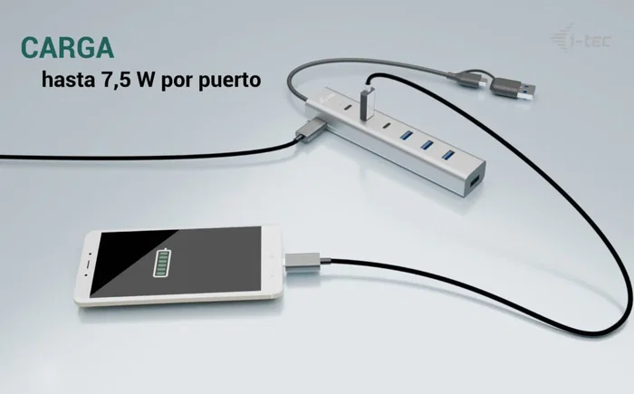 I-tec CAHUBMETAL7 Hub de Carga USB 7 en 1, USB-A/USB-C 3.2 Gen 1, 5 Gbit/s, 4x USB-A + 3x USB-C, Gris