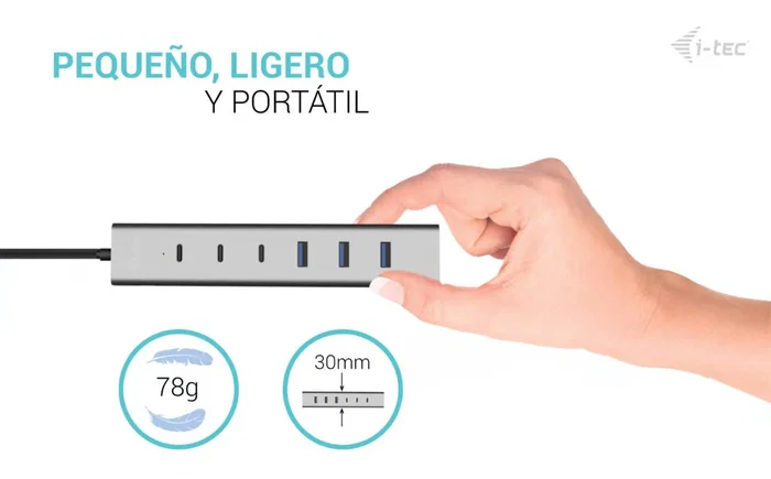 I-tec CAHUBMETAL7 Hub de Carga USB 7 en 1, USB-A/USB-C 3.2 Gen 1, 5 Gbit/s, 4x USB-A + 3x USB-C, Gris