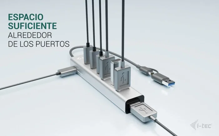 I-tec CAHUBMETAL7 Hub de Carga USB 7 en 1, USB-A/USB-C 3.2 Gen 1, 5 Gbit/s, 4x USB-A + 3x USB-C, Gris