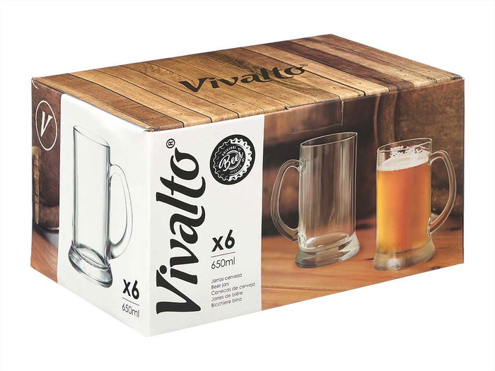 VIVALTO Jarra Cerveza 650 ml con Asa Transparente Vidrio 12x16x9 cm (Set de 18)