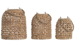 DKD Home Decor Set de 3 Lámparas Solares de Fibra Marrón con Asa de Cuerda