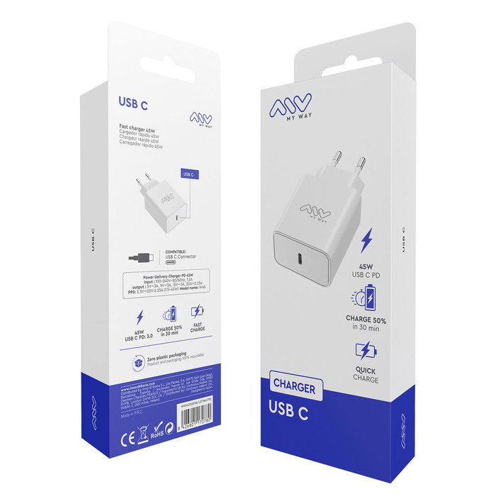 Myway Cargador de Pared MWACC0018 45W USB Tipo-C Blanco Myway Cargador de Pared MWACC0018 45W USB Tipo-C Blanco