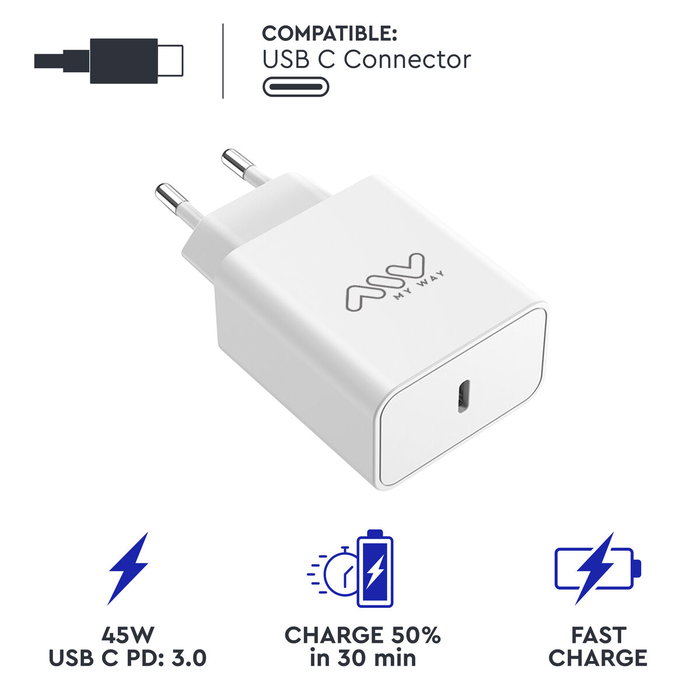 Myway Cargador de Pared MWACC0018 45W USB Tipo-C Blanco Myway Cargador de Pared MWACC0018 45W USB Tipo-C Blanco
