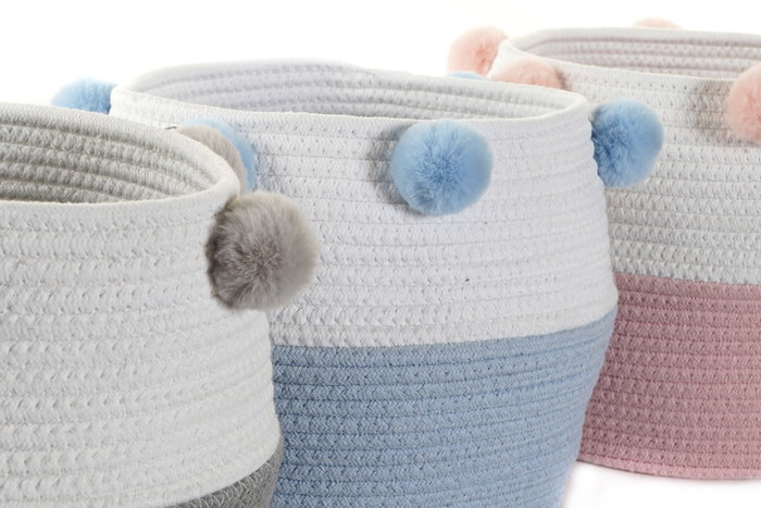 DKD Home Decor Cesta Basicos, Set de 3 Unidades, Azul Celeste, Gris, Rosa Palo, Algodon con Pompon, 30 x 26 x 30 cm