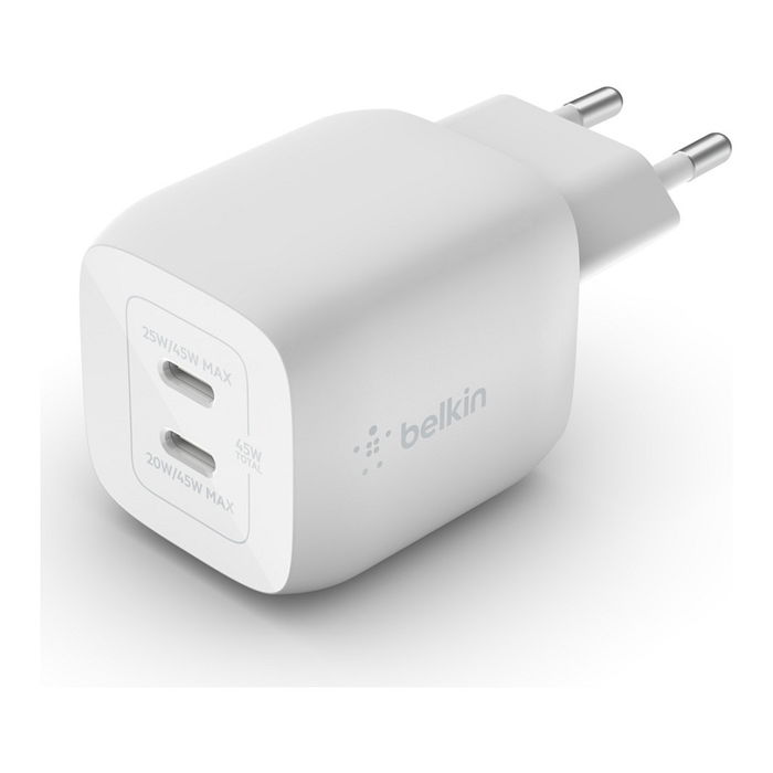 Belkin WCH011vfWH Cargador GaN 45W Dual USB-C PD 3.0 PPS, Carga Rápida 25W+20W para Portátil/Smartphone/Tablet, Blanco