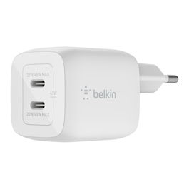 Belkin WCH011vfWH Cargador GaN 45W Dual USB-C PD 3.0 PPS, Carga Rápida 25W+20W para Portátil/Smartphone/Tablet, Blanco