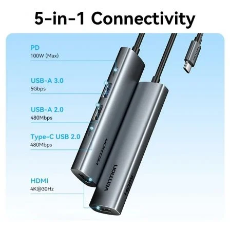 Vention Docking USB Tipo-C TGLHB 1x USB-C 2x USB 1x HDMI 4K 1x USB-C PD Gris