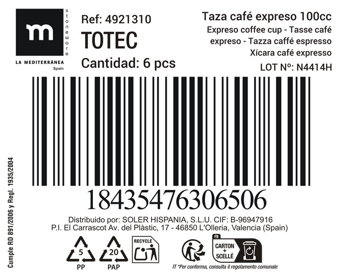 Inde Taza Cafe Expreso 100 cc ø6x6.3 cm (24 Unidades)