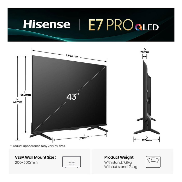 Hisense 43E77Q PRO Smart TV QLED 43 Pulgadas 4K Ultra HD 144 Hz WiFi Bluetooth HDR10+ Dolby Atmos
