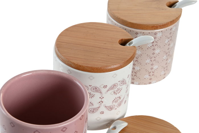 DKD Home Decor Azucarero Pixel Love Scandi Rosa Blanco Dolomita Bambú 7.5 x 7.5 x 7.5 cm (6 Unidades)