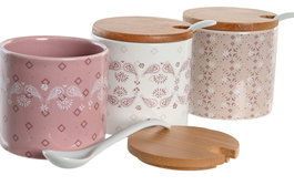 DKD Home Decor Azucarero Pixel Love Scandi Rosa Blanco Dolomita Bambú 7.5 x 7.5 x 7.5 cm (6 Unidades)