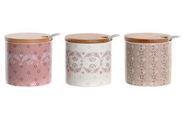 DKD Home Decor Azucarero Surtido Pixel Love en Dolomita y Bambú, 3 Colores