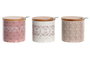 DKD Home Decor Azucarero Surtido Pixel Love en Dolomita y Bambú, 3 Colores