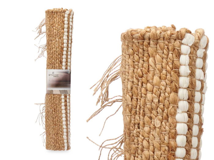 Giftdecor Alfombra Natural Yute Algodón Blanca Rayas Negras 90x60 cm (Set de 12)