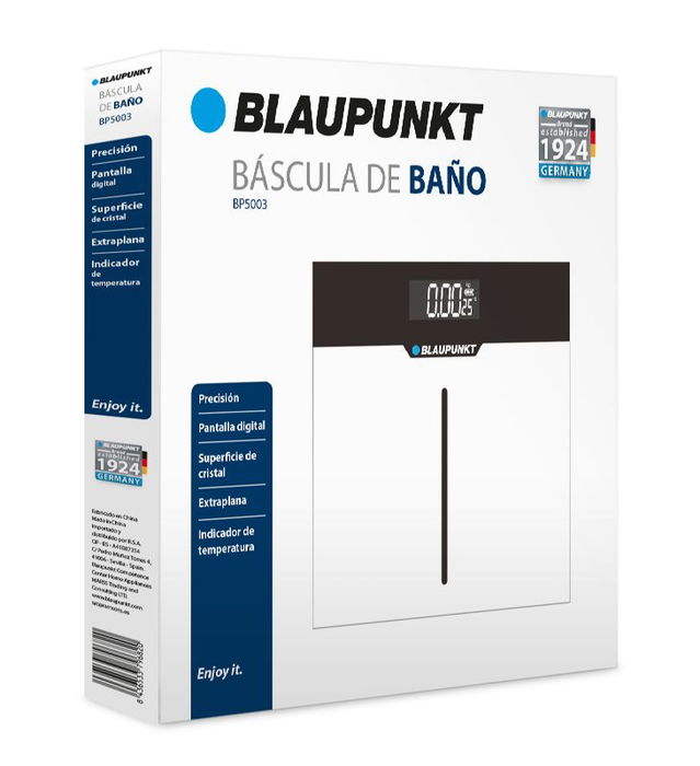 BLAUPUNKT Báscula de Baño Digital con Indicador de Temperatura y Superficie de Cristal Extraplano