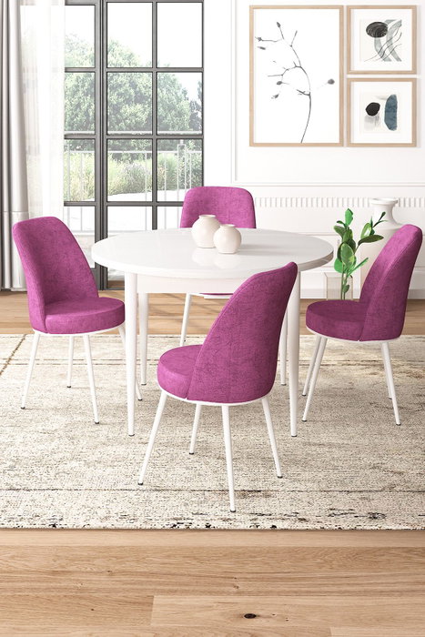 Hanah Home Juego de Mesa y Sillas de Comedor de 5 Piezas, Blanco y Púrpura, Tablero Melamina, Patas Metal, Sillas Tela Jerry, 90x75x90cm Hanah Home Juego de Mesa y Sillas de Comedor de 5 Piezas, Blanco y Púrpura, Tablero Melamina, Patas Metal, Sillas Tela Jerry, 90x75x90cm