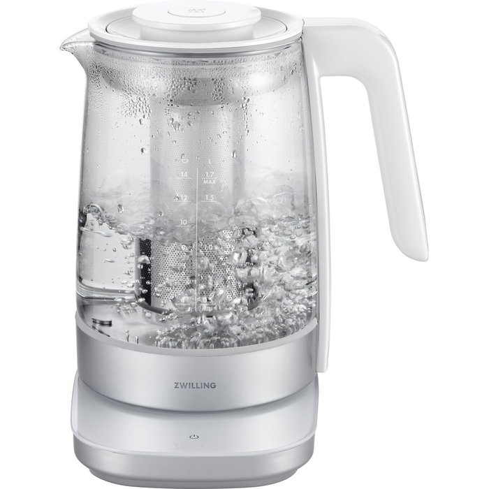 Zwilling ENFINIGY Hervidor de Agua 53102-500-0, Hervidor de Vidrio Blanco 1.7L 1850W con 6 Ajustes de Temperatura, Función Mantener Caliente, Pantalla LCD y Base Giratoria 360°