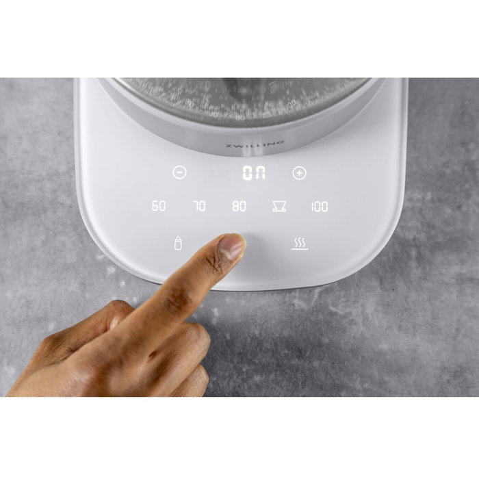 Zwilling ENFINIGY Hervidor de Agua 53102-500-0, Hervidor de Vidrio Blanco 1.7L 1850W con 6 Ajustes de Temperatura, Función Mantener Caliente, Pantalla LCD y Base Giratoria 360°
