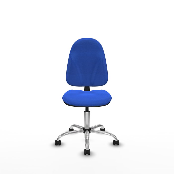 Silla de oficina Algarra con mecanismo Contacto permanente básico tapizada con Tela color Azul. Equipada con Base cromada, Sin brazos y Ruedas autofrenantes
