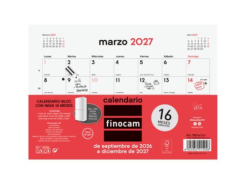 Finocam Calendario de Bloc con Imán 16 Meses 2026-2027 Neutro 210x150mm Finocam Calendario de Bloc con Imán 16 Meses 2026-2027 Neutro 210x150mm