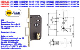 Yale AZBE 600 HL Cerradura de Embutir 40x70 mm con Palanca y Resbalón