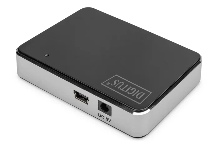 Digitus DA-70220 Hub USB 2.0 de 4 Puertos, Negro y Plata, 480 Mbps, Conector Mini-B, Compatible con Windows y Mac