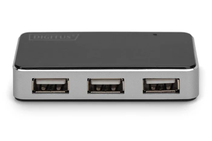 Digitus DA-70220 Hub USB 2.0 de 4 Puertos, Negro y Plata, 480 Mbps, Conector Mini-B, Compatible con Windows y Mac