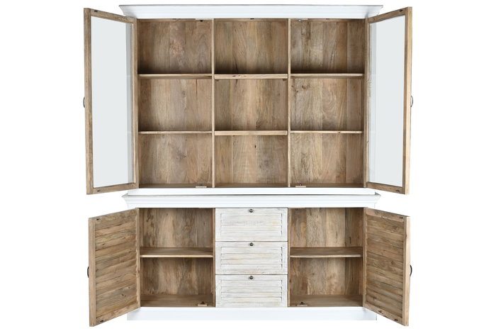 DKD Home Decor Vitrina de Cristal Estilo Romántico con 3 Cajones y 4 Puertas - Color Blanco y Natural - Dimensiones 180 x 45 x 220 cm (Ancho x Fondo x Alto)