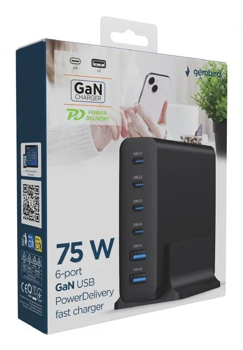 Gembird TA-UC-2A4C-PD75-01-BK - Cargador Rápido de 6 Puertos 75W GaN USB-C/Type-A QC 3.0 y PD Universal Negro para Smartphone/Tableta