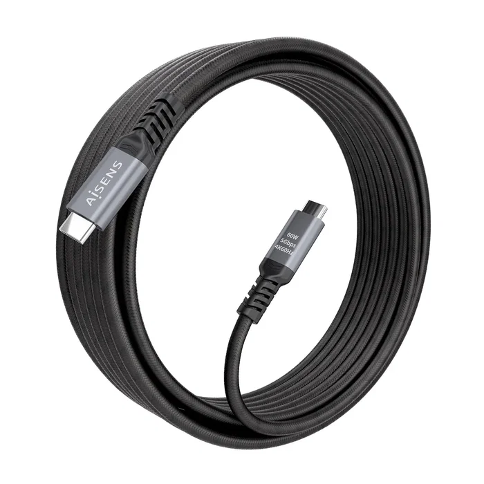 Aisens A107-0991 Cable USB-C 3.2 Gen 1 (USB 3.1) 5Gbps Macho a Macho, Carga Rápida PD 3.0 60W, Transmisión 4K 60Hz, Thunderbolt 3 Compatible, 7 Metros, Negro