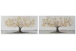 DKD Home Decor Cuadro Lienzo MDF Árbol Dorado Set de 2