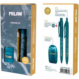 Milan Caja Regalo Serie Lava Set Escritura Bolígrafo P1 Azul, Portaminas PL1 0.5 y Afilaborra Capsule