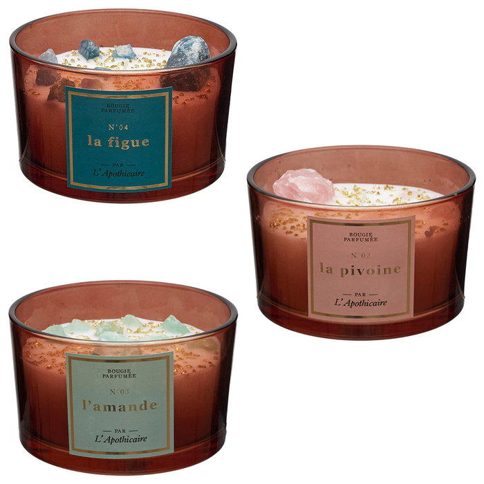 Home Deco Factory Vela Perfumada con Piedras, Vaso de Vidrio Tintado, Cera de Parafina y Minerales, 7.8 cm Alto