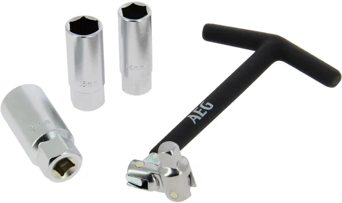 Aeg Llave Bujías Articulada con Rótula y 3 Manguitos 16-18-21mm Mango T Antideslizante Acero Inoxidable