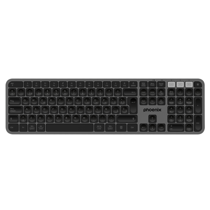 Phoenix K300 Teclado Inalámbrico Multidispositivo Bluetooth 5.0 y Receptor USB 2.4GHz, Compatible con Windows, macOS, iOS, Gris Phoenix K300 Teclado Inalámbrico Multidispositivo Bluetooth 5.0 y Receptor USB 2.4GHz, Compatible con Windows, macOS, iOS, Gris