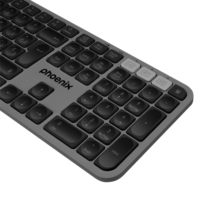 Phoenix K300 Teclado Inalámbrico Multidispositivo Bluetooth 5.0 y Receptor USB 2.4GHz, Compatible con Windows, macOS, iOS, Gris Phoenix K300 Teclado Inalámbrico Multidispositivo Bluetooth 5.0 y Receptor USB 2.4GHz, Compatible con Windows, macOS, iOS, Gris